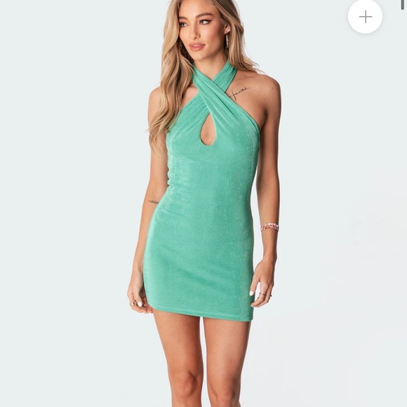 edikted green dress Bubble Skirt Ribbed Mini Dress main image 0